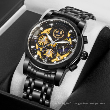 Creative Hollow out Design Chronograph Watch Men Moon Phase Luminous Hands Data Quartz Business Wristwatches